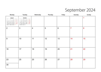 September 2024 simple calendar planner, week starts from Monday.