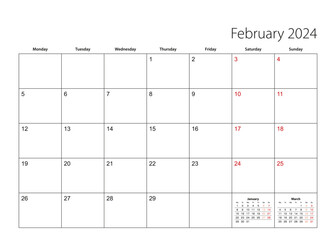 February 2024 simple calendar planner, week starts from Monday.