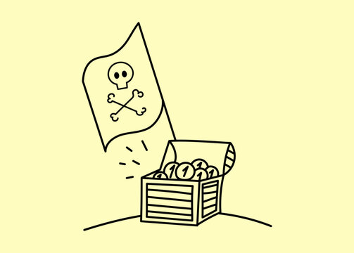 recommend clip art: Pirate treasure - a chest with coins and a flag with a jolly roger. Vector doodle drawing.