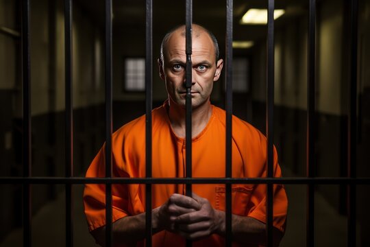 Middle aged Caucasian prisoner in orange uniform holds hands on metal bars, looking at camera. Criminal serves term of imprisonment in prison cell. Inmate stands behind bars in jail or detention