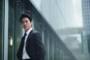 Fototapeta premium Young serious businessman Korean Japanese banker modern worker man Asian guy in business suit Chinese entrepreneur male CEO employer consultant standing in front off office company building outdoors