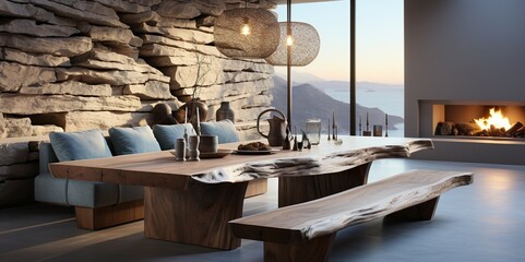 The interior of the modern rustic or country dining room mixes furniture with sofas. Wooden table with fireplace with warm sunlight.