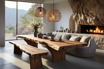 The interior of the modern rustic or country dining room mixes furniture with sofas. Wooden table with fireplace with warm sunlight.