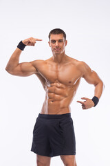 Fototapeta premium Fitness expert. Think with your head about your body. You are what you eat. Personal trainer and motivator. Muscular man athlete with glasses.