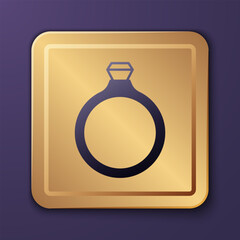 Purple Diamond engagement ring icon isolated on purple background. Gold square button. Vector