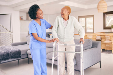 Nurse, senior woman and walking frame for homecare, healthcare service and muscle health and disability support. Medical physiotherapy, doctor helping and african elderly patient in living room