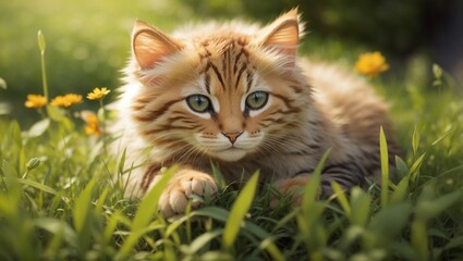 Naklejka na ściany i meble Cute cat laying on small grass 