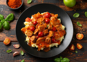 Devilled Sausages with mashed potato, spiced tomato and apple sauce.