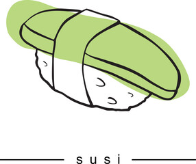 Vector doodle sushi or sashimi. Delicious hearty rolls are collected for decoration and infographics illustrating food. Rice, salmon, tuna, avocado, tobiko, nori