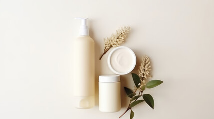 Nature osmetic skin care products on white background flat lay