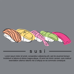 Graphics of linear creative icons with a color spot of sushi and sashimi. For menu projects, advertising, signage and other advertising applications. Vector