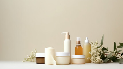 Fototapeta na wymiar Nature osmetic skin care products on white background flat lay
