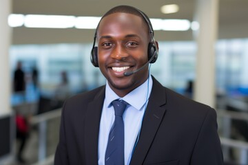 Smiling African American man guy assistant person office employee tech support manager help line consultant talking client consultation call center assistance assist job advisor in headset portrait