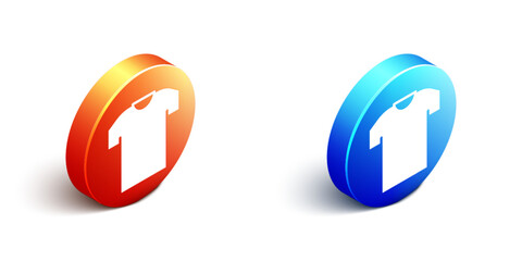 Isometric T-shirt icon isolated on white background. Orange and blue circle button. Vector