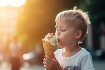 Child eating ice cream. Generate Ai