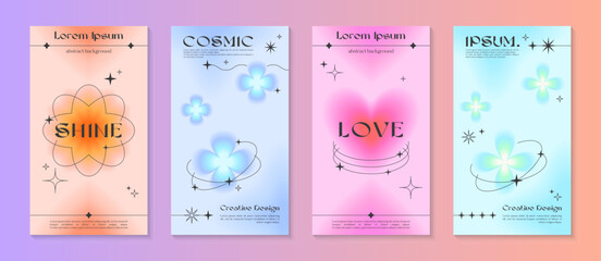 Vector insta story gradient templates with linear shapes,heart,blurred sparkles,copy space for text in 90s style.Smm banners in y2k aesthetic.Designs for social media marketing,branding,packaging