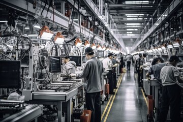 Fototapeta premium Workers working in a large modern industrial production facility.