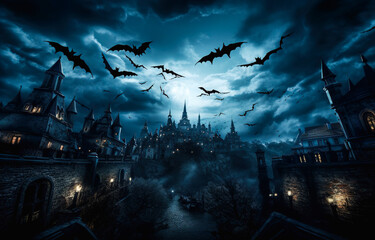 Scary gothic castle on Halloween night, haunted palace or mansion for dark blue background. Spooky view of old mystery castle and bats in full moon. Horror scene with big gloomy house, digital ai 
