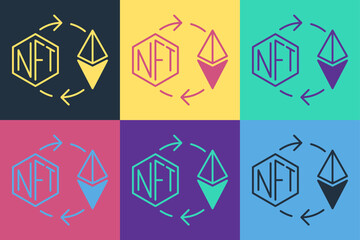 Pop art Ethereum exchange NFT icon isolated on color background. Non fungible token. Digital crypto art concept. Vector