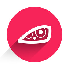 White Car headlight icon isolated with long shadow background. Red circle button. Vector