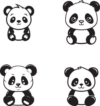 adorable cute pandas silhouettes set