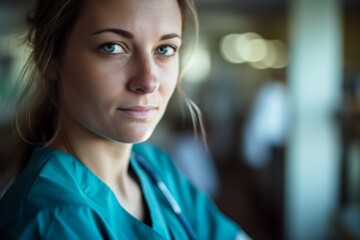 Close up female portrait hospital nurse Caucasian woman girl doctor in uniform healthcare medical surgeon clinic health rehabilitation center pandemic science laboratory worker medicine practitioner