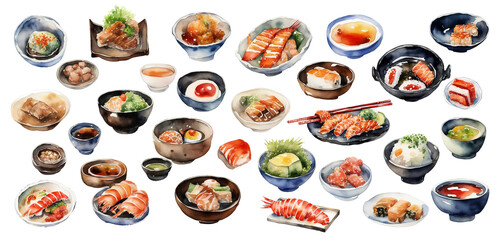 Set of japanese seafood, sushi, salmon.