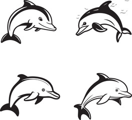 cute smiling dolphin vector silhouttes set