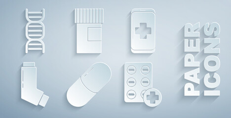 Set Medicine pill or tablet, Emergency mobile phone call to hospital, Inhaler, Pills blister pack, bottle and DNA symbol icon. Vector