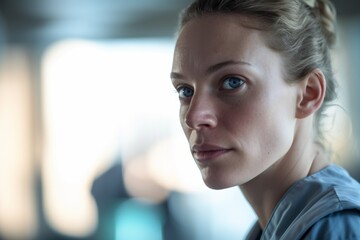 Close up female portrait hospital nurse Caucasian woman girl doctor in uniform healthcare medical surgeon clinic health rehabilitation center pandemic science laboratory worker medicine practitioner