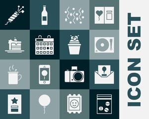 Set Plastic bag of drug, Invitation, Vinyl player with vinyl disk, Festive confetti, Birthday calendar, Cake, Firework rocket and icon. Vector