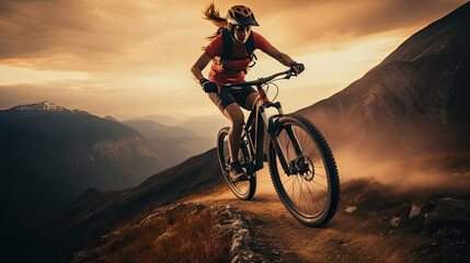 Female cyclist riding bicycle on mountain trail, woman on sports bike, Generative Ai