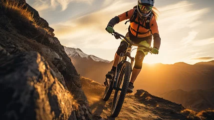Plexiglas foto achterwand Female cyclist riding bicycle on mountain trail, woman on sports bike, Generative Ai © Nakron
