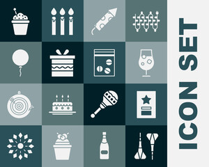 Set Dart arrow, Greeting card, Cocktail and alcohol drink, Firework rocket, Gift box, Balloon with ribbon, Cake and Plastic bag of drug icon. Vector