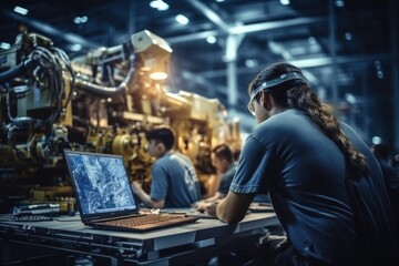 Engineers use laptop computers to program machines to work in large factories and industrial
