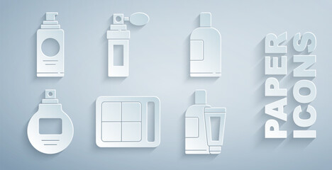 Set Eye shadow palette, Bottle of shampoo, Perfume, Cream or lotion cosmetic tube, and Spray can for hairspray icon. Vector