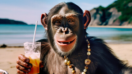Monkey in the beach lounging and holding beverage glass in tourist destination. Portrait of monkey chimpanzee drinking cocktail in the beach. Generative ai