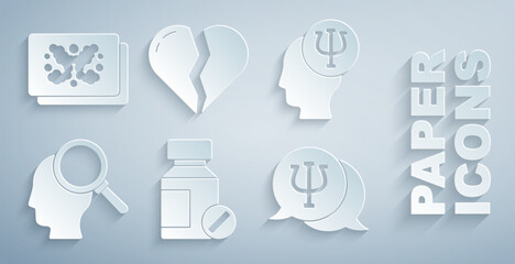 Set Sedative pills, Psychology, Psi, Finding problem, Broken heart or divorce and Rorschach test icon. Vector