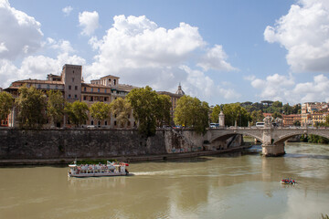 Rome, Italy - August 07, 2023: View of rome and Vittorio Emanuele II bridge from Lungotevere...