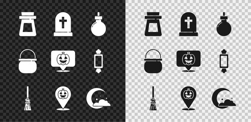 Set Bottle with potion, Tombstone cross, Bomb ready explode, Witches broom, Pumpkin, Moon and stars, Halloween witch cauldron and icon. Vector