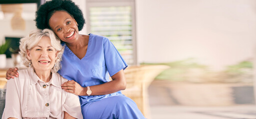 Happy, woman and a caregiver for home banner, healthcare or medical support with mockup space. Smile, career and portrait of an African nurse with a senior patient for helping in a house and service