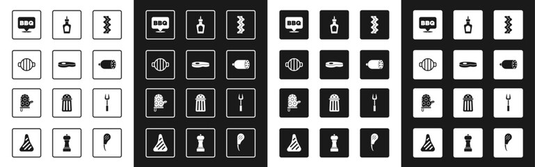 Set Bacon stripe, Steak meat, Barbecue grill, Salami sausage, Sauce bottle, fork and Oven glove icon. Vector