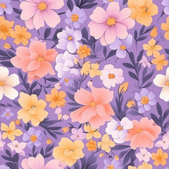 Seamless pattern of lavender and blue colored flower print, in the style of yellow and pink, babycore, retro vintage, velvety textures, floral accents, anglocore