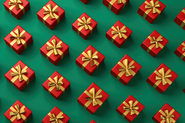Red gift boxes with golden bow pattern on green background Illustration for greeting cards, invitations, posters.