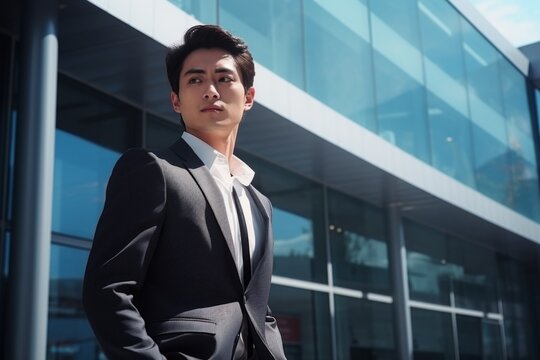 Young serious businessman Korean Japanese banker modern worker man Asian guy in business suit Chinese entrepreneur male CEO employer consultant standing in front off office company building outdoors