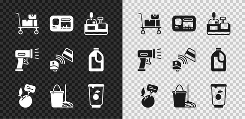 Set Hand truck and boxes, Cashier cash register, Supermarket food products with price label, Mop bucket, Yogurt container, Scanner scanning bar code and POS terminal credit card icon. Vector