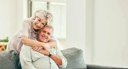 Portrait, smile or old couple hug in home living room bonding together to relax on holiday for love...