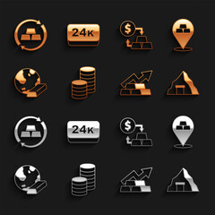 Set Gold coin money, bars, mine, Growth arrow with gold, exchange, and 24k icon. Vector