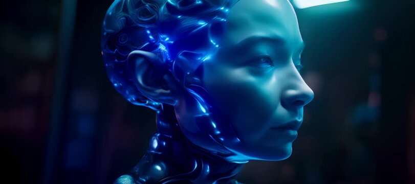 Futuristic humanoid or A.I Gains Consciousness , Close-Up Angle 