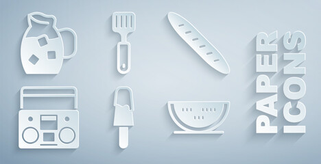 Set Ice cream, French baguette bread, Home stereo with two speakers, Watermelon, Spatula and Jug glass water icon. Vector
